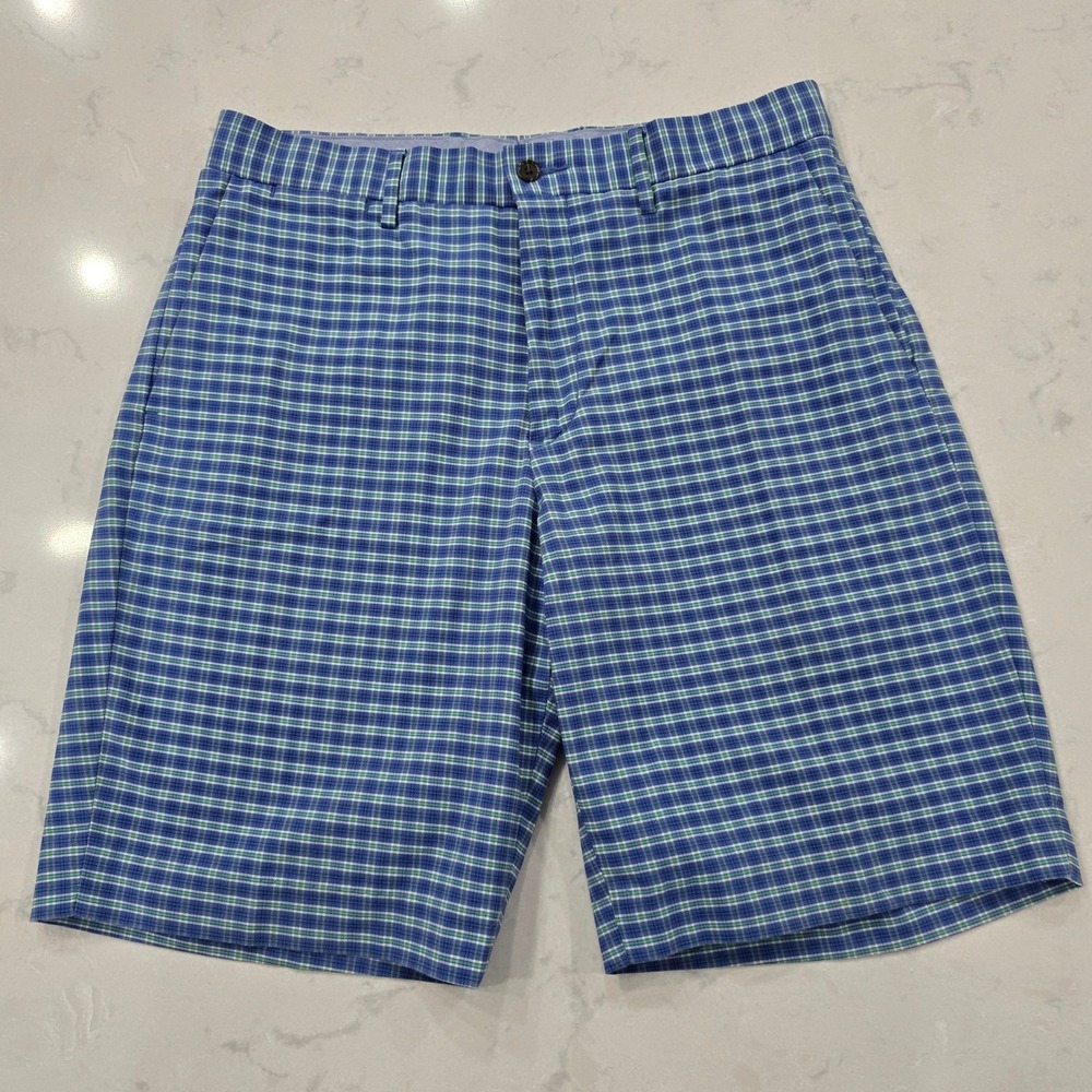 Polo Ralph Lauren Mens Blue Green Plaid Stretch Classic Fit Shorts Size 30
